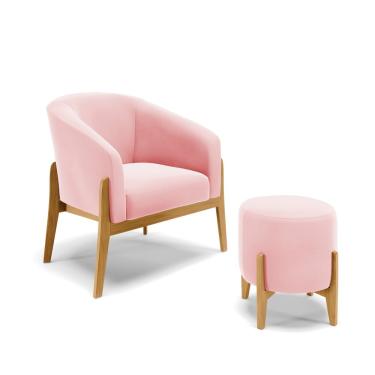 Imagem de Poltrona com Puff Base de Madeira Stella Suede Rosa Bebê D03 - D'Rossi
