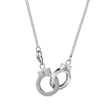 Imagem de JEGPWBKT Colar de aço inoxidável com pingente de algemas gravado, banhado a ouro, joia infinita interligada, 24.49mm*0.79mm, Aço inoxidável, Zircônia cúbica