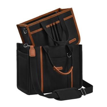 Imagem de BESBESME Bolsa feminina de lona com zíper e compartimentos – Bolsa tiracolo tiracolo com vários bolsos para laptop, Preto, Medium, Organizador destacável
