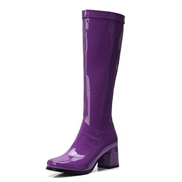 Imagem de Bigfanshu Botas de cano alto com bico quadrado moda feminina couro espelhado salto grosso botas longas 2020 inverno novos sapatos roxo azul Oxford & Derby Bungee Ankle mocassins e Slip-Ons, Roxo, 5