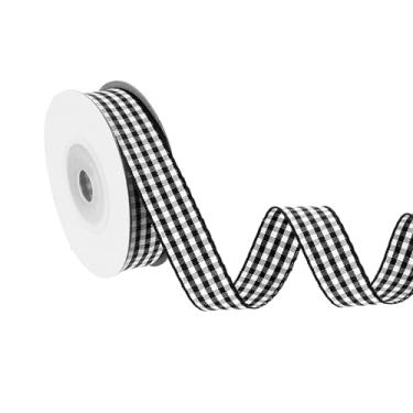 Imagem de PATIKIL Fita guingão de 10 jardas x 1,5 cm, fita xadrez de nylon quadriculada para presente para grinalda de laço de ação de graças, artesanato, aniversário, casamento, preto