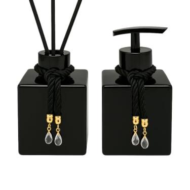 Imagem de Kit Difusor e Saboneteira de Vidro 250ml com Varetas e Cordões Decorativos – Aromatizador Luxo Transparente para Banheiro, Lavabo e Presente Elegante (Preto Total C/Válvula Preta)