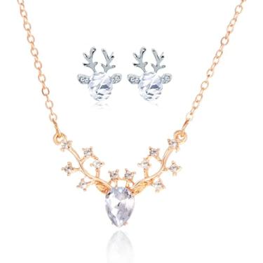 Imagem de QLUYCKW Conjunto de brincos de colar de rena de Natal para mulheres, lindo brinco de rena de pérola branca chifres delicados na moda, colar com pingente de veado para festas de Natal, Medium, Liga de