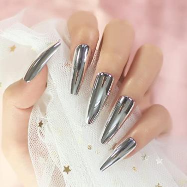Imagem de 1 kit de decoração de unhas para prensa de caixão, inclui 1 conjunto de pontas de unhas postiças extra longas metálicas prateadas, mini lixa, adesivo de unha, bastão de madeira