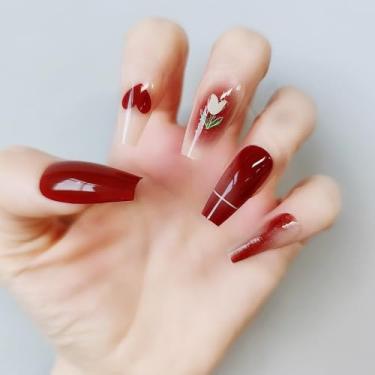 Imagem de Kit de unhas de pressão médio longo caixão vermelho falso cola em unhas com design de coração de flor simples cobertura completa bastão falso artificial em unha de acrílico para mulheres 24 peças