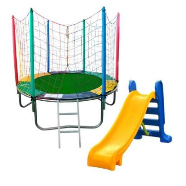 Imagem de Kit Infantil com Cama Elástica 1,83m com Rede de Proteção Escorregador
