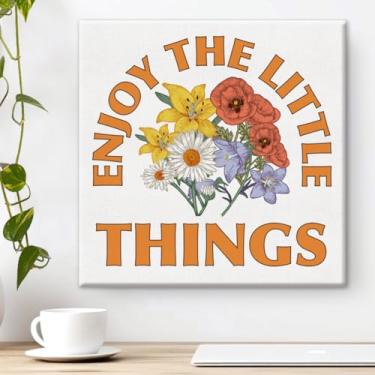Imagem de Arte de parede em tela primavera primavera aproveite as pequenas coisas flores impressão inspiradora pôster arte emoldurada para sala de aula, estudo, quarto, escritório, decoração de casa 20 x 20 cm
