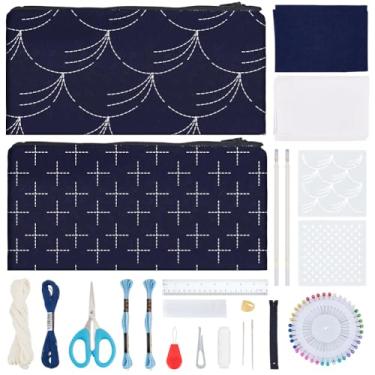 Imagem de WEBEEDY 2 conjuntos de kit de bolsas de bordado Sashiko para adultos iniciantes, kit de bolsa pequena japonesa DIY com modelos de PET Sashiko, agulhas, linha para mulheres, bordado faça você mesmo