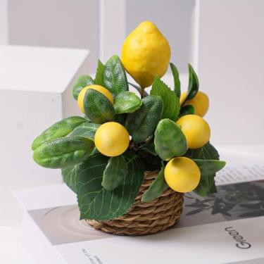 Imagem de Conjunto de plantas artificiais de limão amarelo vibrante em cestas de tecido para decoração de casa e jardim, eventos ao ar livre, casamentos e celebrações sazonais, decoração de cozinha de limão