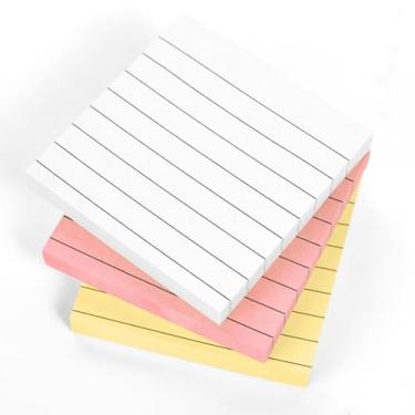 Imagem de Notas adesivas forradas 7,6 x 7,6 cm, super adesivos com linhas, fáceis de colocar para casa, escritório, caderno, 100 folhas/bloco (branco, amarelo, rosa)