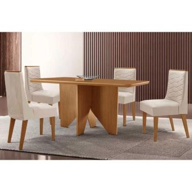 Imagem de Sala de Jantar Completa Nevada c/ Tampo Madeirado Canto Curvo 120x80cm e 4 Cadeiras Maldivas Madeira Maciça Naturale - Capuccino/Suede Creme - Rufato