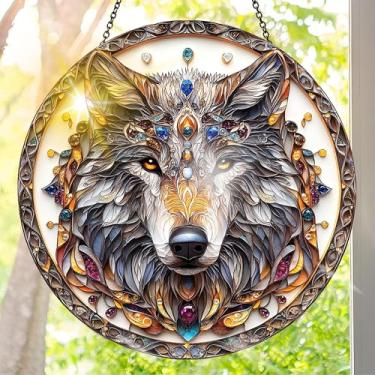 Imagem de Apanhador solar de acrílico colorido, decoração de janela suspensa de lobo com design de vitral impresso, apanhador de sol, arte de parede de arco-íris, ideia de presente e ornamento de jardim para