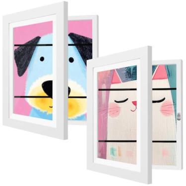 Imagem de HEPFLANZE Pacote com 2 molduras de arte para crianças mutáveis 25 x 30 cm, projetos de arte infantis, moldura de exibição de imagem com abertura frontal, branca