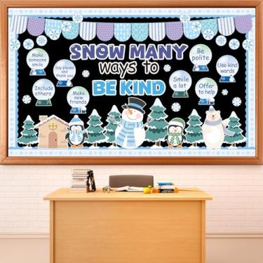 Imagem de Conjunto de quadro de avisos de inverno, neve, muitas maneiras de ser gentil, quadro de avisos, boneco de neve, pinguim, globo de neve, recortes motivacionais, decoração de sala de aula, festa de