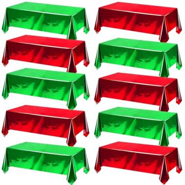 Imagem de 10 toalhas de mesa retangulares descartáveis de Natal 137 x 272 cm, capa de mesa metálica e verde metálica à prova d'água para eventos de Natal, festas de aniversário, decorações de casamento