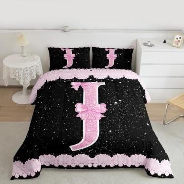 Imagem de Feelyou Conjunto de cama macio com letra J para meninos e meninas, conjunto de edredom com laço rosa, solteiro, renda, alfabeto, microfibra, laço de princesa, 2 peças com 1 fronha