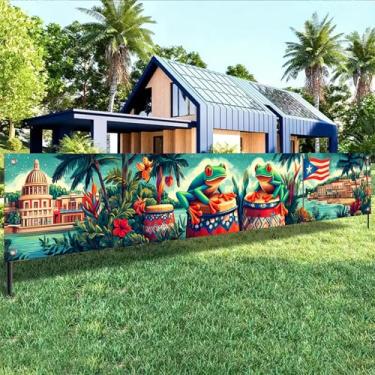 Imagem de HOMETITUTE Bandeira de Porto Rico 299,7 x 50,8 cm Coqui Sapo Tambor Design Tropical Cena da Ilha do Caribe com Bandeira Porto-Riquenha Festival Festa Cenário Exterior Cerca Varanda Decoração de Parede