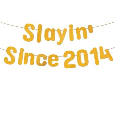 Imagem de Banner Slayin' Since 2014, Pré-Enfiado Banner com Glitter Dourado Decorações de Aniversário 11 Anos Decoração Parede para Comemoração de Aniversário para Meninos e Meninas Adolescentes