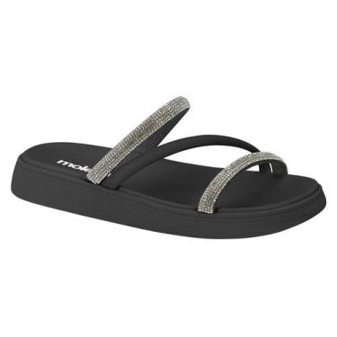 Imagem de Chinelo Feminino Moleca Flatform Slide Glamour Strass Brilho, Preto, 3