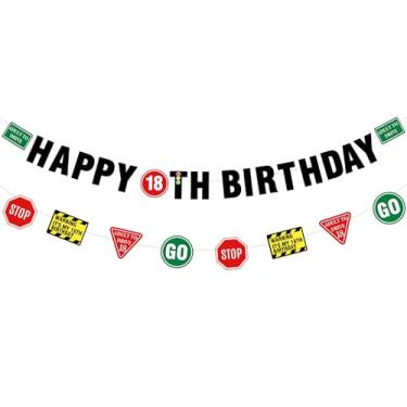 Imagem de Funmemoir Decorações de festa de aniversário de 18 anos de aviso - faixa de feliz aniversário de 18 anos e guirlanda com tema de sinal de estrada, etiquetas de aviso para adolescentes e festas de 18
