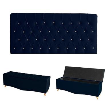 Imagem de Kit Estrela Cabeceira De Cama Painel E Calçadeira Baú Botão Cristal Casal 140 Cm Suede Azul Do Lar Móveis E Decoração