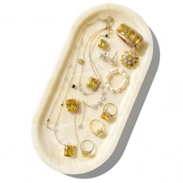 Imagem de DACHUN Bandeja de mármore natural para bancada de banheiro, com pés antiderrapantes, bandeja decorativa de pedra de mármore para banheiro/cozinha/penteadeira/cômoda/mesa de cabeceira (âmbar, 30 x 15