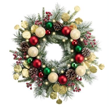 Imagem de Valery Madelyn Guirlanda de Natal pré-iluminada para porta da frente com luzes, guirlanda de Natal grande de 50 cm com bagas de pinho vermelhas e verdes, bolas de Natal para decoração de mesa ao ar