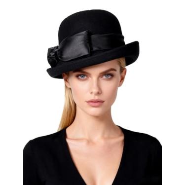 Imagem de Chapéu cloche feminino de feltro de lã preto e branco com laço formal para igreja, vestido de festa de chá, coquetel, chapéus de aba rolante, Preto, M