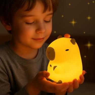 Imagem de Luminária Infantil Touch Capivara de Silicone, Luz Noturna Recarregável USB com Brilho Ajustável e Temporizador, Luminária de Mesa Macia e Segura para Crianças
