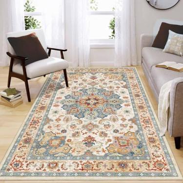 Imagem de Enkor Tapetes macios de área, 10 x 15 cm, lavável, antiderrapante, boho, para sala de estar, quarto, estilo vintage, tapete de casa de fazenda para entrada de cozinha, laranja e bege