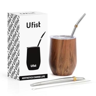 Imagem de Ufist Copo de erva mate com tampa, 2 bombillas, escova de limpeza, cabaça isolada de parede dupla de aço inoxidável de 335 g (madeira)