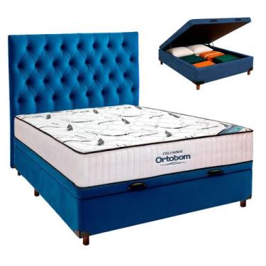 Imagem de Cama Box Bau Azul+Colchão Casal High Foam Ortobom+Cabeceira