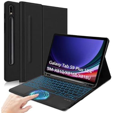 Imagem de QYiiD Capa com teclado Touchpad para Galaxy Tab S10+ Plus / S9 FE+ Plus / S9+ Plus / S8+ Plus / S7 FE / S7+ Plus de 12,4 polegadas, teclado retroiluminado em 7 cores, capa fólio de couro PU com