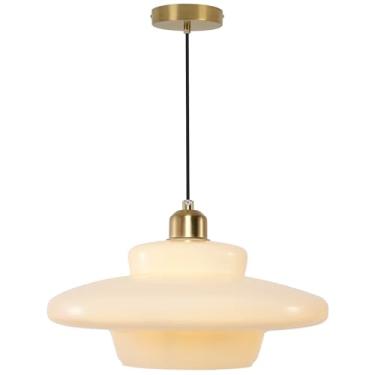 Imagem de Jowjut Luminária pendente dourada de meados do século, luminária suspensa de vidro de leite, ilha de cozinha, sombra de vidro de 30 cm, lâmpadas brancas penduradas para cabeceira, sala de jantar, E26