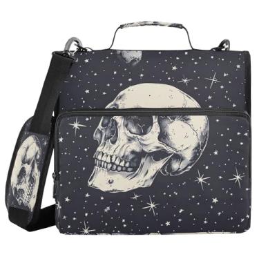 Imagem de SEHANY Fichário com zíper de caveira com alça de ombro, capacidade para 500 folhas, vários bolsos, fichário com 3 anéis com zíper de 3 cm