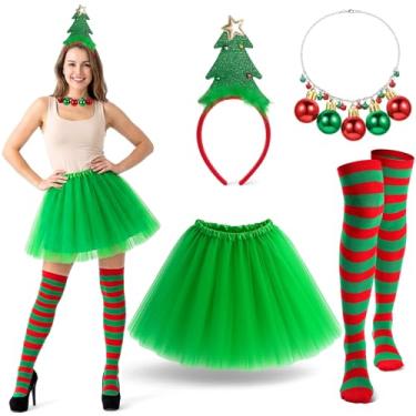 Imagem de Hillban Conjunto de 4 peças de acessórios de Natal, faixa de cabeça, saia tutu, colar de sino, meias listradas, para festas de cosplay, Vermelho, verde, about 11.02 x 7.87 inches/ 28 x 20 cm