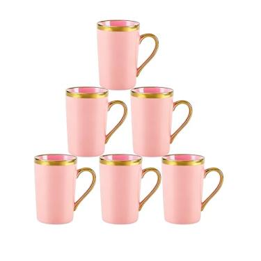 Imagem de Loymokinar Conjunto de canecas de café de porcelana de 6 peças com alça e acabamento dourados, 350 ml, rosa e dourado, copos elegantes para lava-louças para café e chá, conjunto de presente ideal