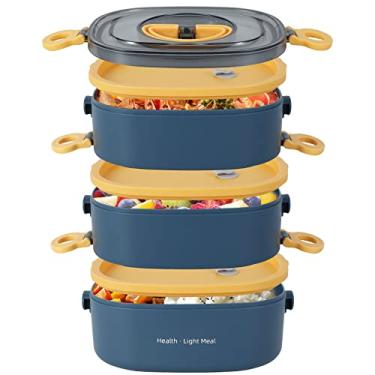 Imagem de Caixa térmica, caixa empilhável removível de 3 camadas para adultos, caixa portátil de 2L à prova de vazamento de grande capacidade e garfo de colher dobrável para acampamento na escola de trabalho