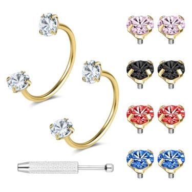 Imagem de 6ixGosh Anéis de nariz em ferradura de 18 g, argola de aço cirúrgico, meia cartilagem, tragus, argola, multicolorida, alternativa, zircônia cúbica, piercing de septo, joia, Aço inoxidável, Zircônia