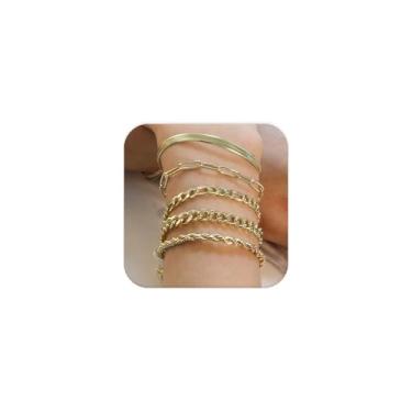 Imagem de LUXU kisskids Conjunto de 5 peças de pulseiras para mulheres, pulseiras de corrente empilhável de aço inoxidável dourado, conjunto de joias delicadas e ajustáveis para presente