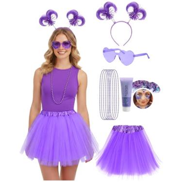 Imagem de Tinyones Conjunto de 10 peças de acessórios de fantasia de tutu para adultos, preto, azul, roxo, verde, saia de tule, Halloween, anos 80, faixa de cabeça, colar, óculos de sol, brilho corporal