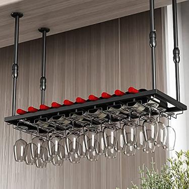 Imagem de Prateleiras de vinho de teto, altura ajustável, suporte de taça, suporte de taça de vinho para pendurar, suporte de garrafa de vinho vintage, prateleira de vinho rústica montada na parede