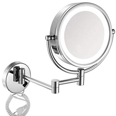 Imagem de LMJYU Espelho de maquiagem para montagem na parede de 20 cm iluminado por LED com ampliação de 3X, espelho giratório de 360 ° de dupla face para banheiro, extensão de espelho cosmético, acabamento