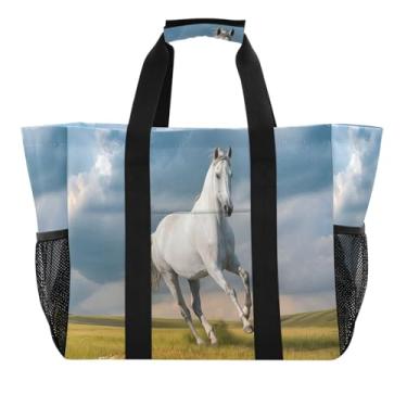 Imagem de Wassud Majestic White Horse Sacolas de mercearia reutilizáveis grande bolsa organizadora de lona impermeável para praia, piquenique, lavanderia, viagem