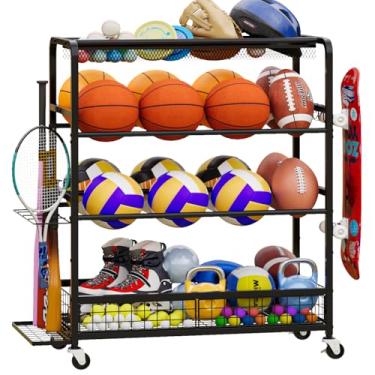 Imagem de Rack de armazenamento de equipamentos esportivos de garagem, caixa de armazenamento de bola esportiva com rodas, cesta de basquete de duas fileiras comporta mais de 16 bolas, suporte de bola com