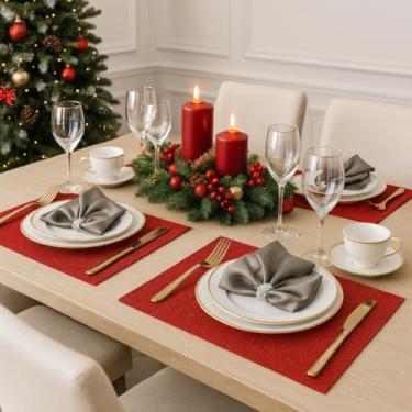 Imagem de Jogo Americano Sousplat 8 Lugares + 8 Porta Copos Vermelho Retangular Mesa Posta Decoração - Mesa Posta Natal