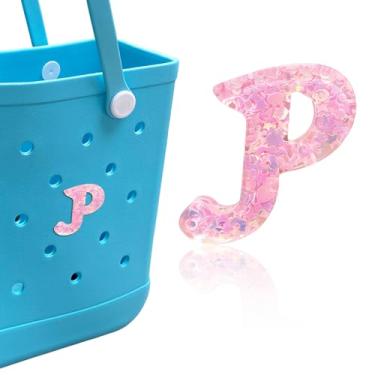 Imagem de HLUWA Berloques de letras para bolsa Bogg, alfabeto itálico rosa lantejoulas acessórios para Bogg e Simply Southern Bag, pingente de letras decorativas para bolsa de praia (P)