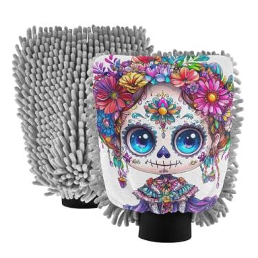 Imagem de ODAWA Luvas femininas fofas de chenille para lavagem de carro com caveira de açúcar, pacote com 2, luvas de lavagem de carro para canhão de espuma 20,5 cm x 30 cm