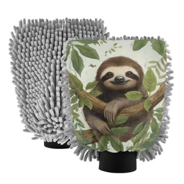 Imagem de ODAWA 2PK Luvas absorventes de chenille sem arranhões para lavagem de carro, ramos de preguiça de desenho animado, tamanho G 20,5 cm x 30 cm