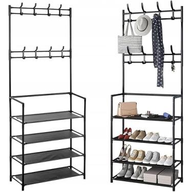 Imagem de Sapateira Organizador com Cabideiro de Chão e 4 Prateleiras Arara Multiuso Vertical para Roupas, Bolsas e Sapatos Estrutura Metálica Reforçada Design Moderno e Montagem Fácil (Preto)